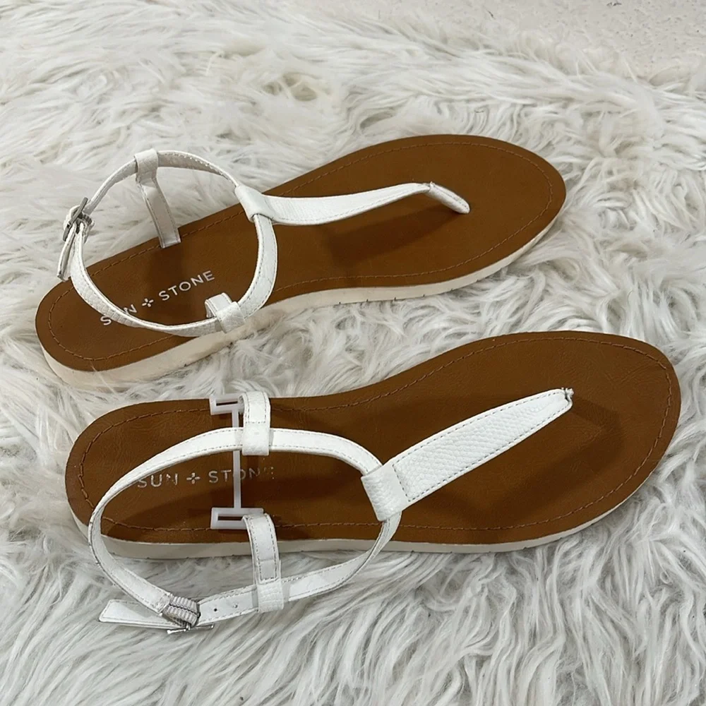 SUN STONE White Cushioned T-Strap Kristi Round Toe Buckle Slingback Sandal Sz 10 - Picture 4 of 9